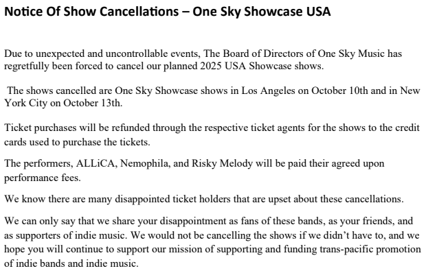 Notice of Cancellation: One Sky Showcase [USA]